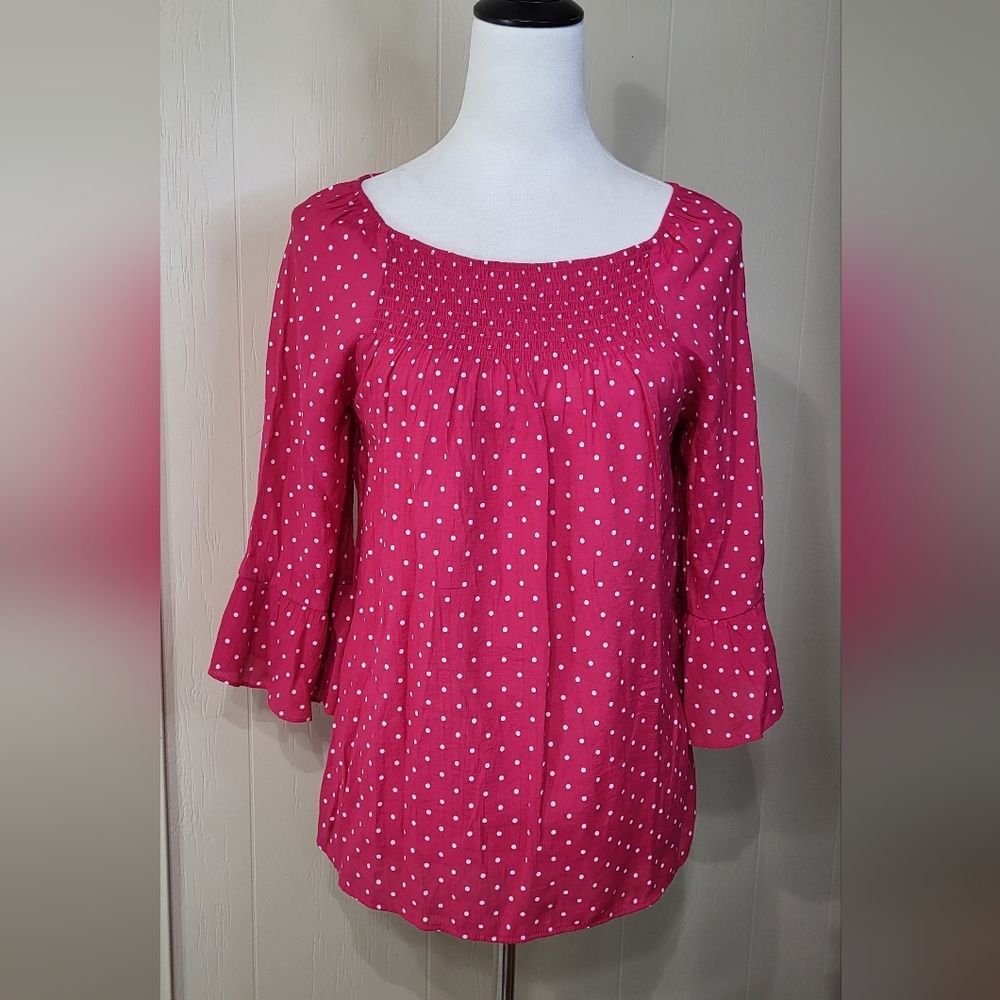 Counterparts Women's Hot Pink Polka Dot Smocked Long Sleeve Blouse Size Small 🐈 - Picture 2 of 10